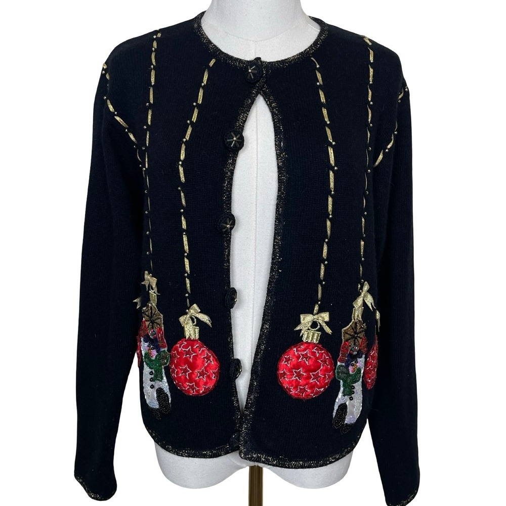 Christopher Radko Black Lambswool Cardigan Sweater S Beaded   Christmas Ornamnet